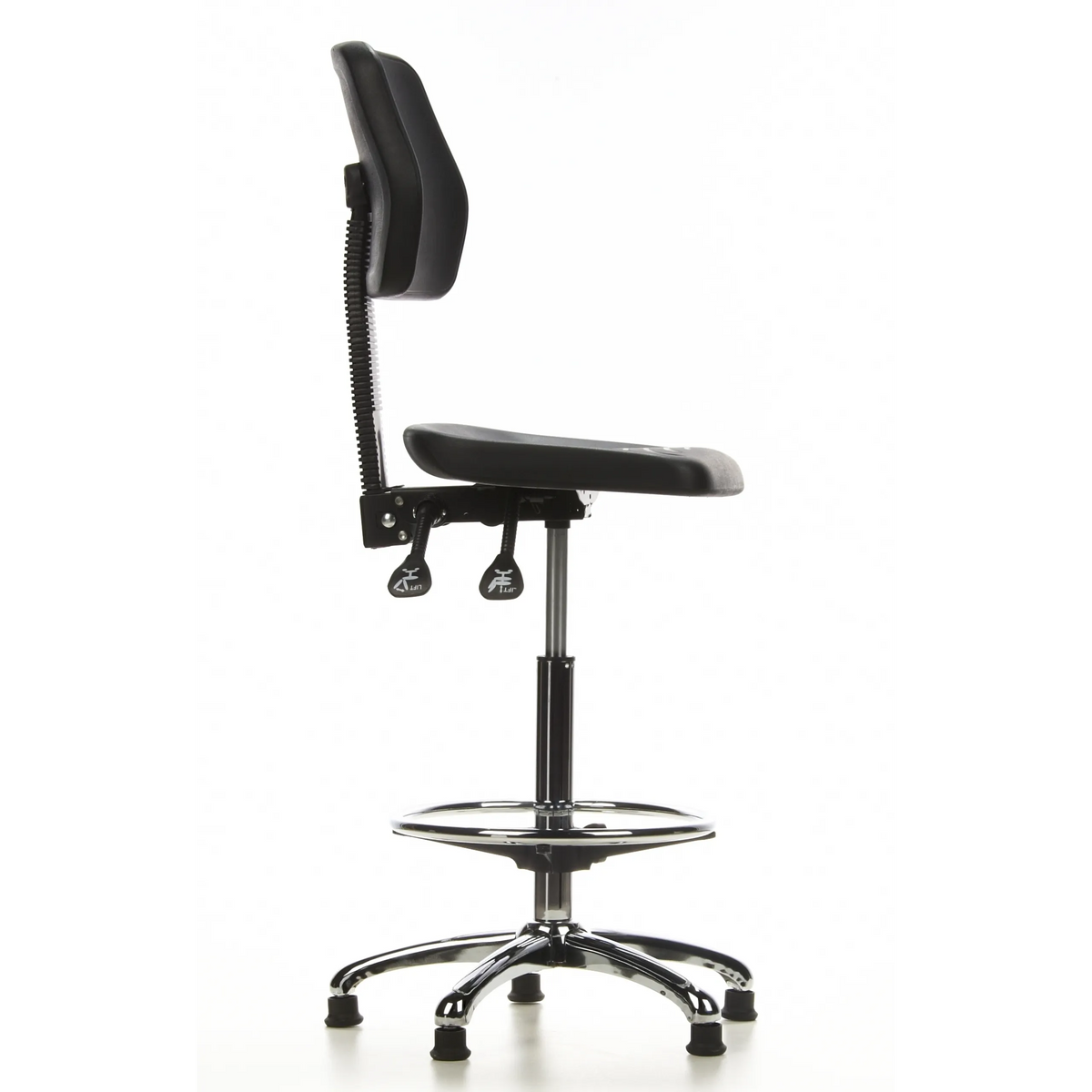 Silla de mostrador TOP WORK 11 negra con reposapiés y base de cinco radios de hjh OFFICE – vista de 360° (vista lateral 80°)
