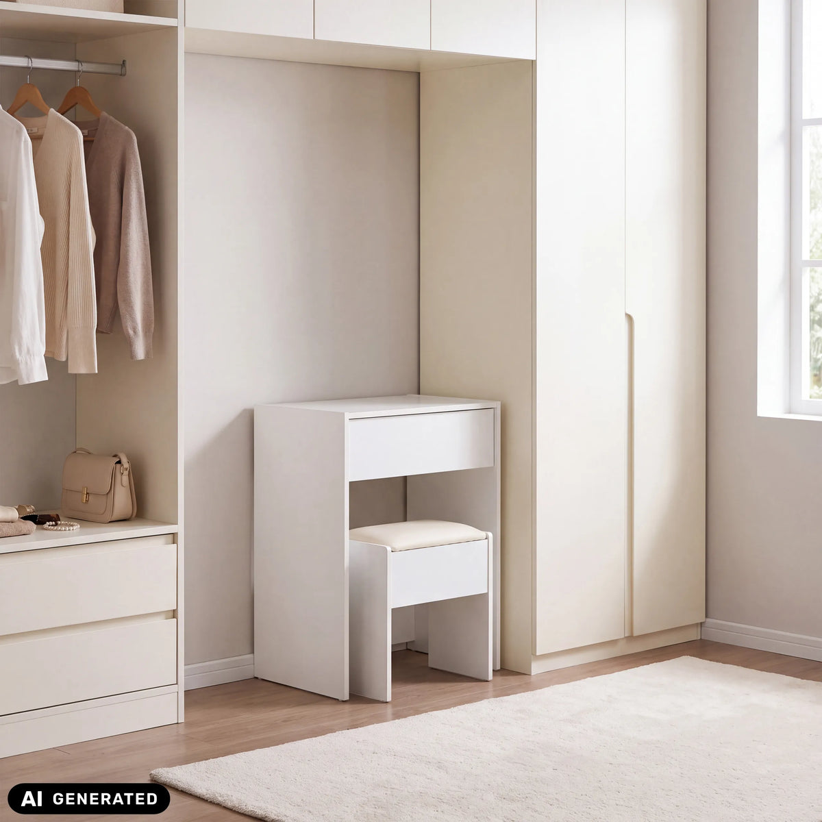 Tocador Glamdesk blanco con taburete en un nicho de armario de hjh LIVING (imagen generada por IA)