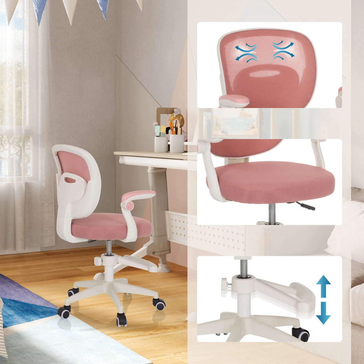 Silla giratoria para niños KIDDY SMART en rosa con respaldo transpirable y asiento regulable en altura de hjh OFFICE