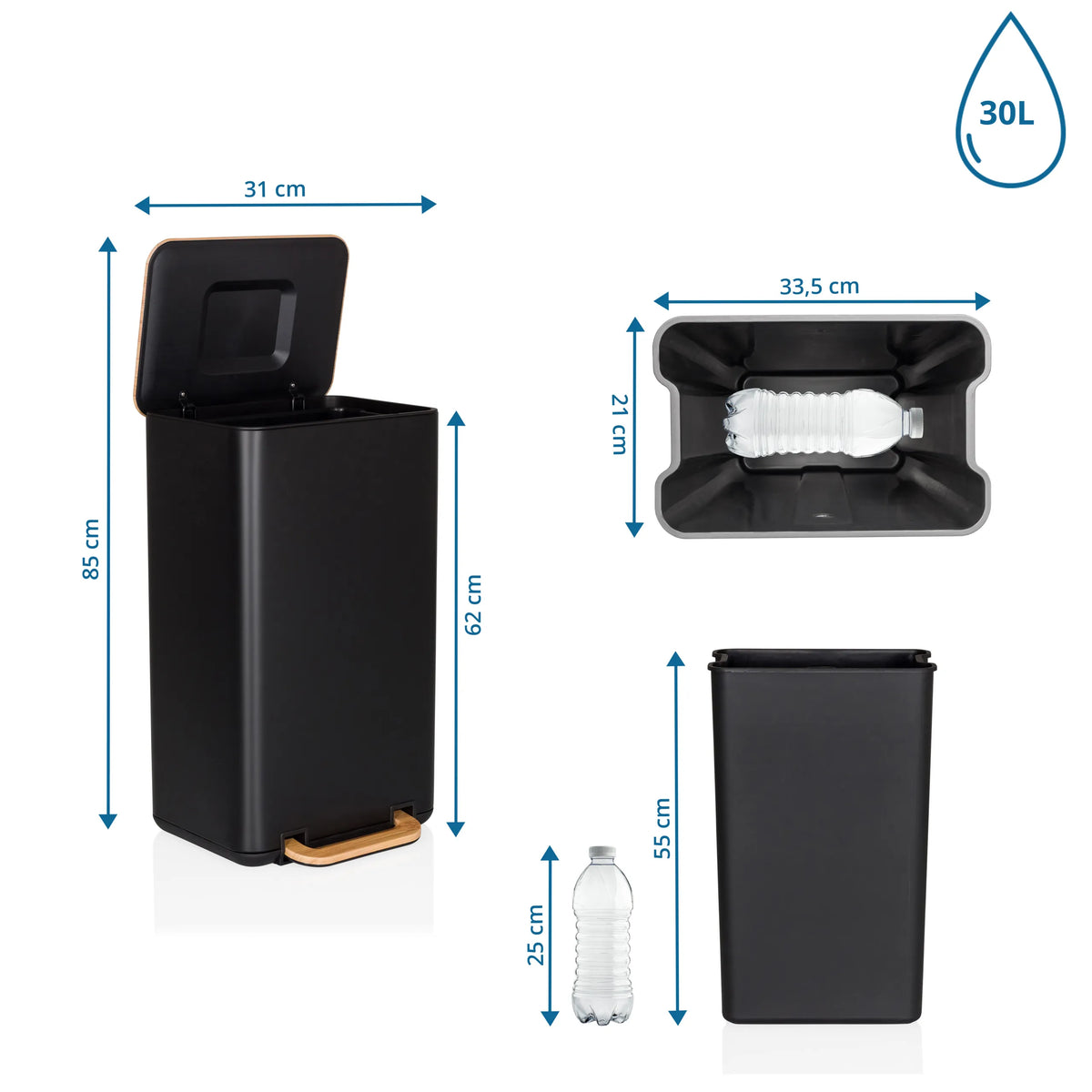 Dibujo dimensional de la Papelera CLEAN NATURA con 85 cm de altura y 30 l de volumen de hjh OFFICE