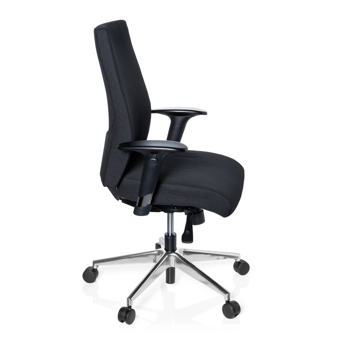 Silla de oficina profesional PRO-TEC 250 negra con reposabrazos y base de cinco ruedas de hjh OFFICE – vista de 360° (vista lateral 80°)