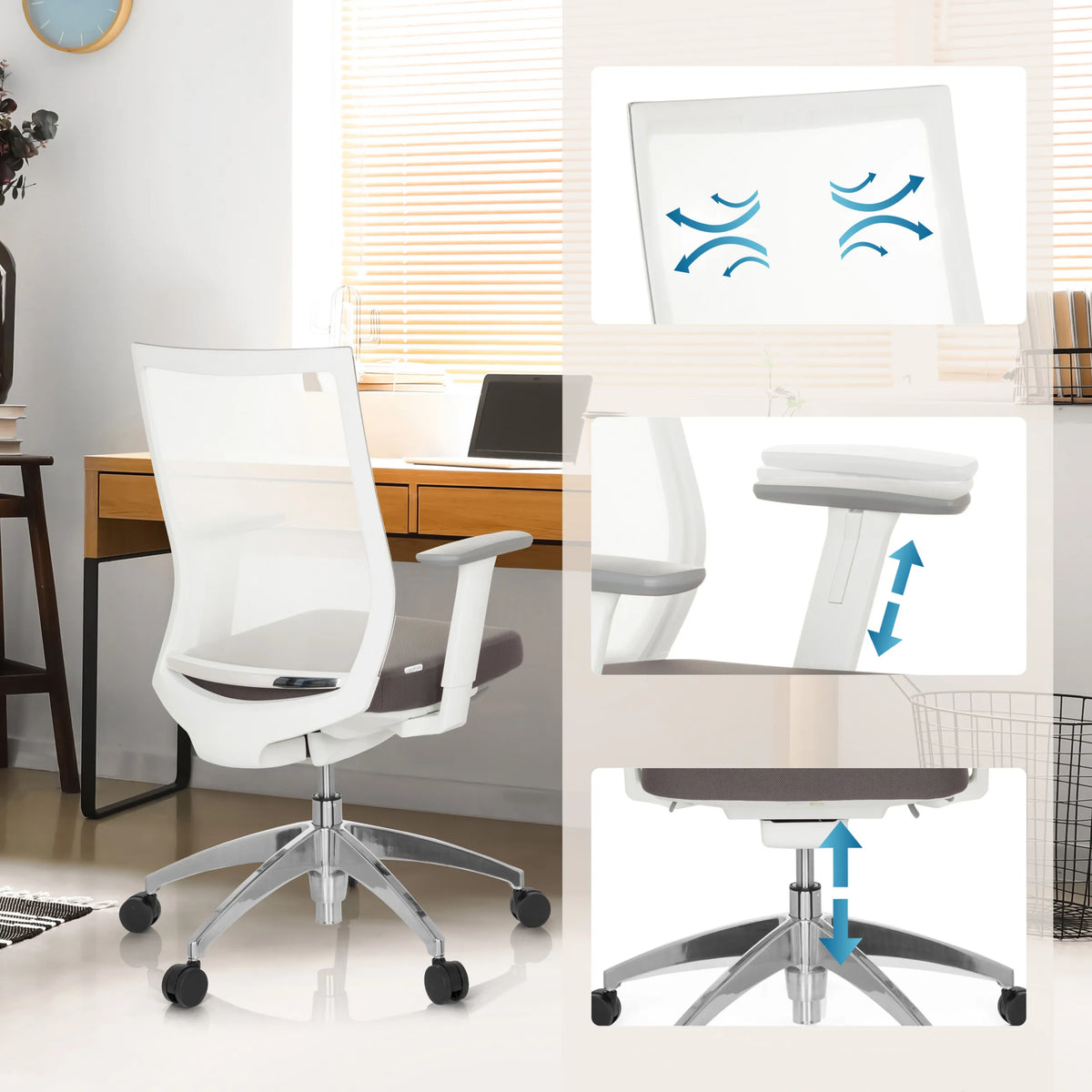 Respaldo transpirable, reposabrazos regulables en altura y pistón de gas de la Silla de oficina profesional ASPEN WHITE de hjh OFFICE