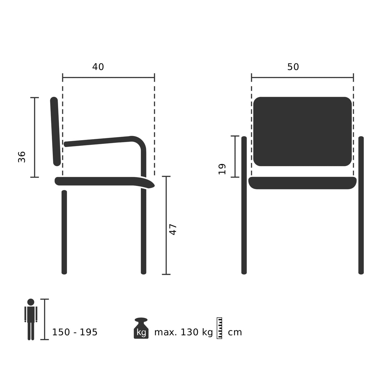 Dibujo técnico de la silla de confidente ZANTA B PU con una altura del asiento de 47 cm de hjh OFFICE