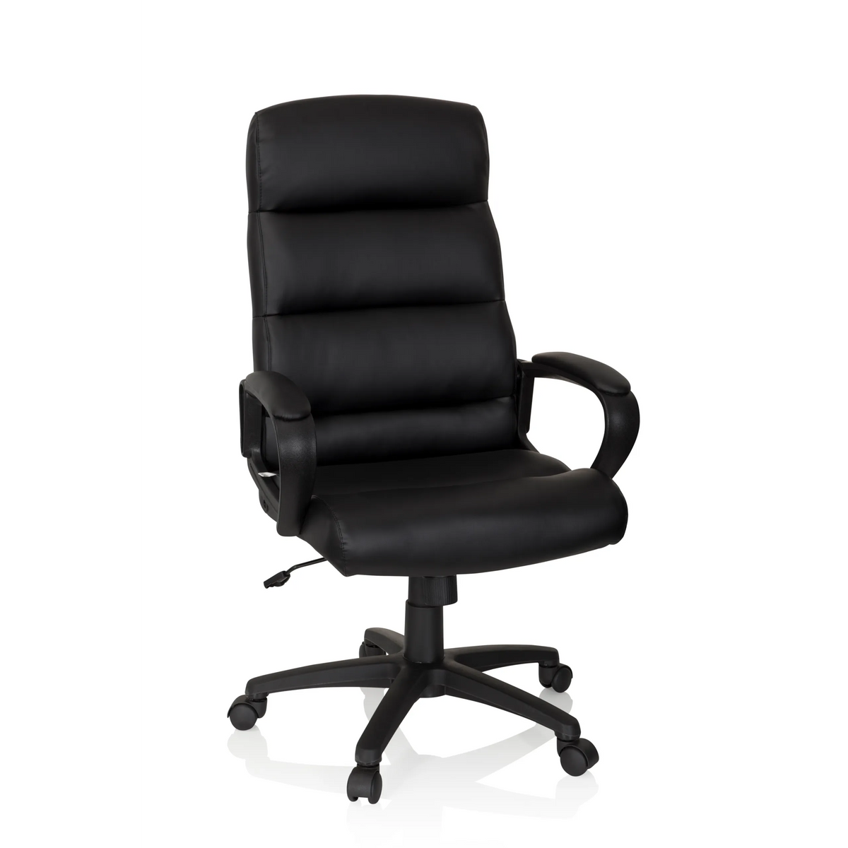 Sillón de oficina profesional FUTURA 100 negro con tapicería acolchada y base de cinco ruedas de hjh OFFICE – vista de 360° (vista frontal 20°)