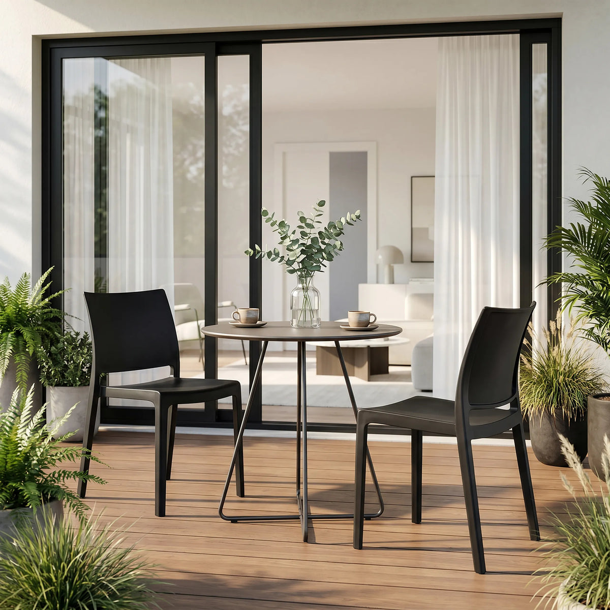 Sillas de exterior T37 V 4 en negro en una mesa de jardín redonda en una terraza de hjh LIVING