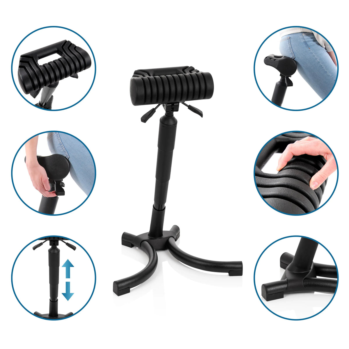 Asiento de pie TOP WORK 33 negro regulable en altura con asiento acolchado y base de hjh OFFICE