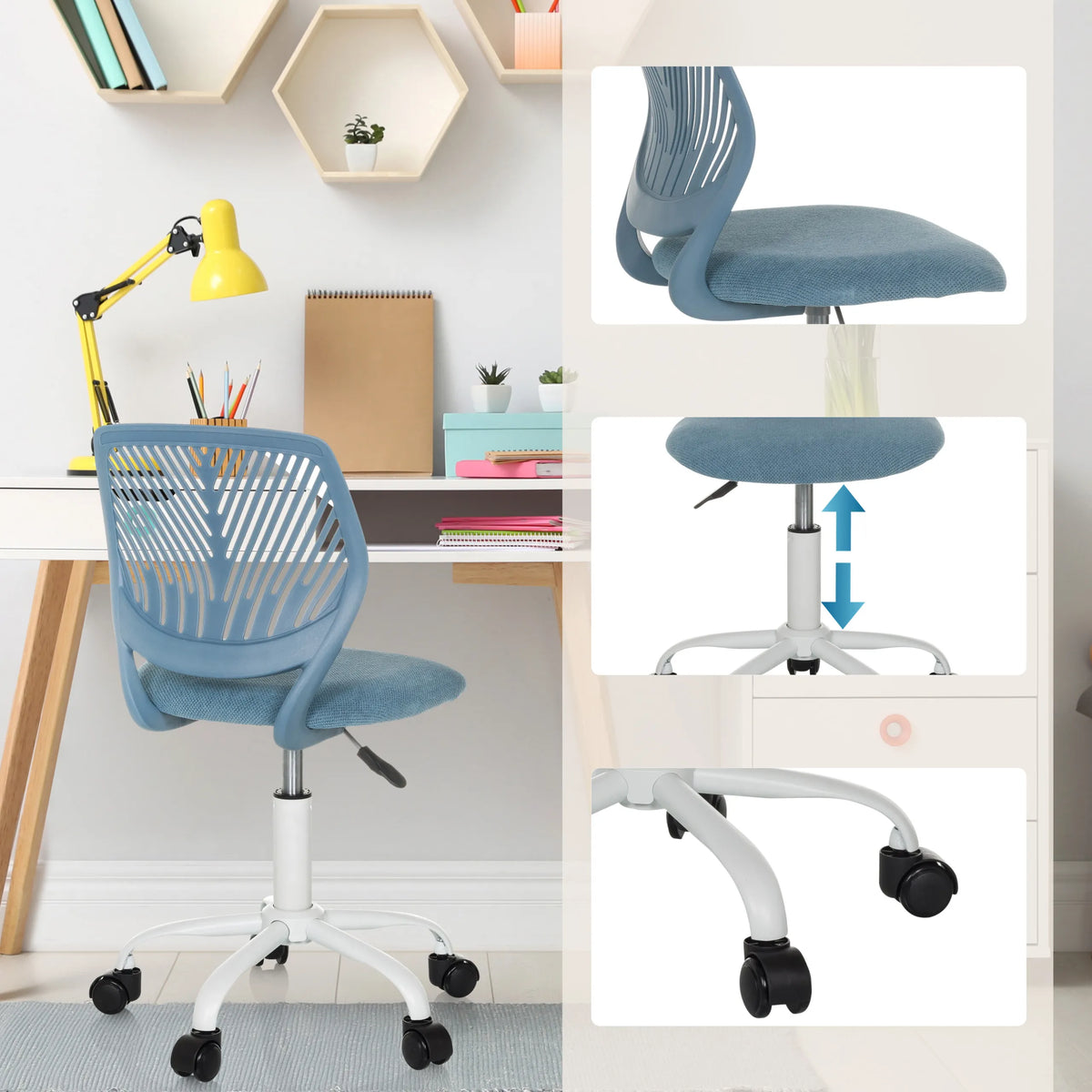 Silla giratoria para niños KID QW azul con muelle de gas para ajuste de altura y ruedas en la base de hjh OFFICE