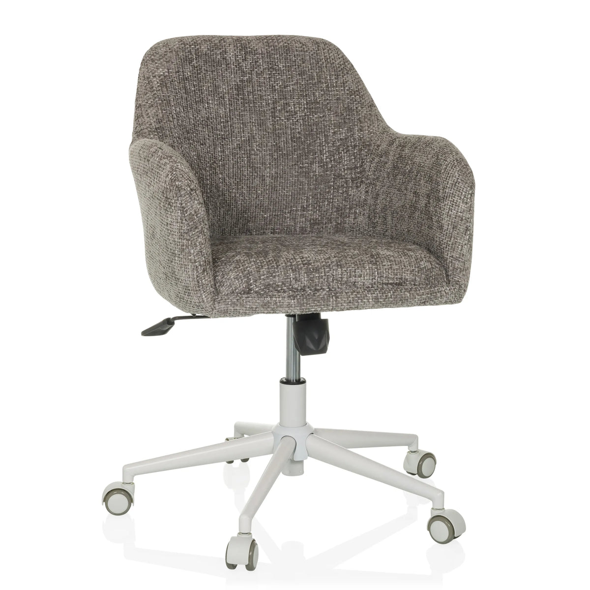 Silla Home Office SOLAO HOME gris con tapizado de tela y base blanca de cinco ruedas de hjh LIVING – vista de 360° (vista frontal 15°)