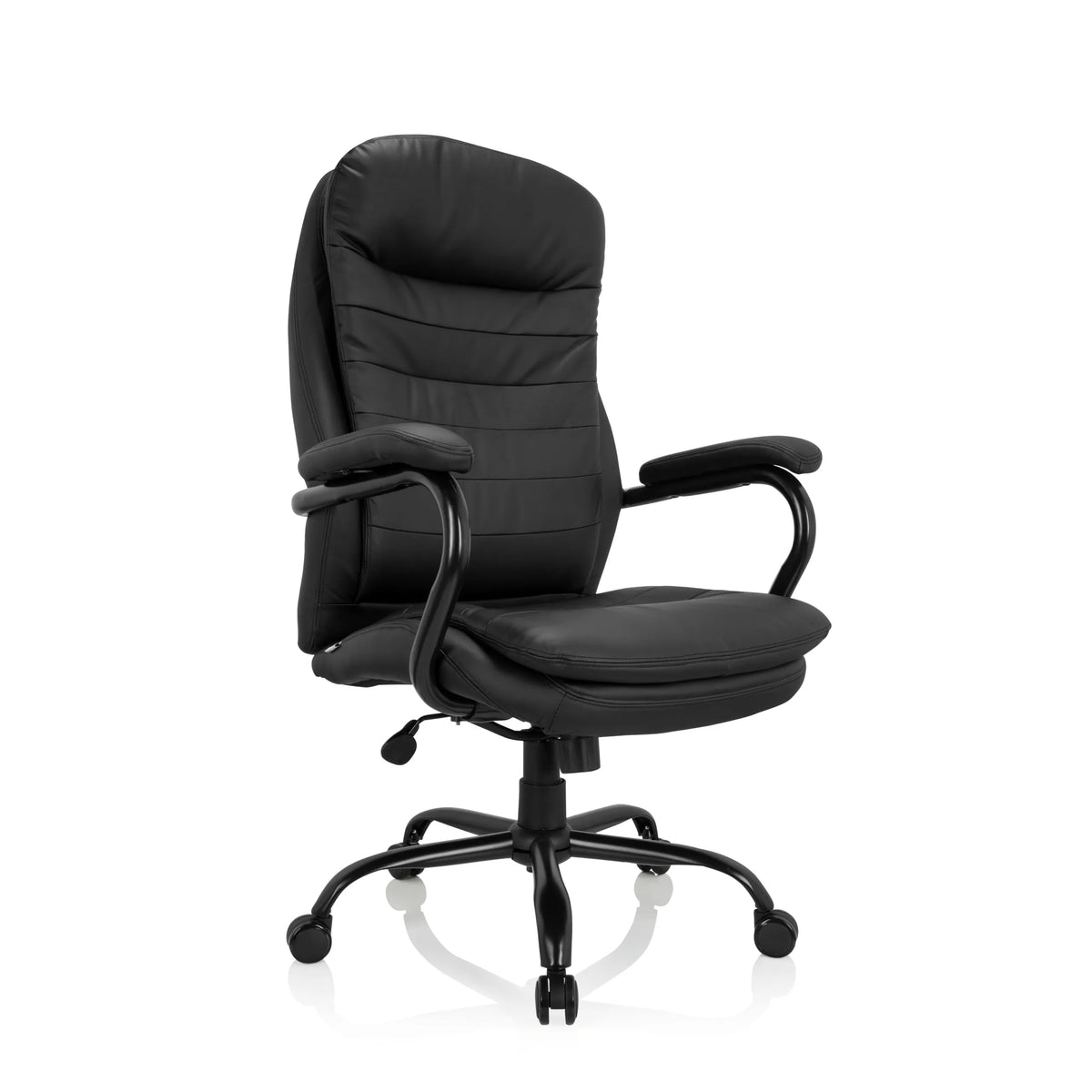 Silla giratoria RELAX XXL B negra de cuero sintético con base de estrella y cinco ruedas de hjh OFFICE – vista de 360° (vista frontal en diagonal 40°)