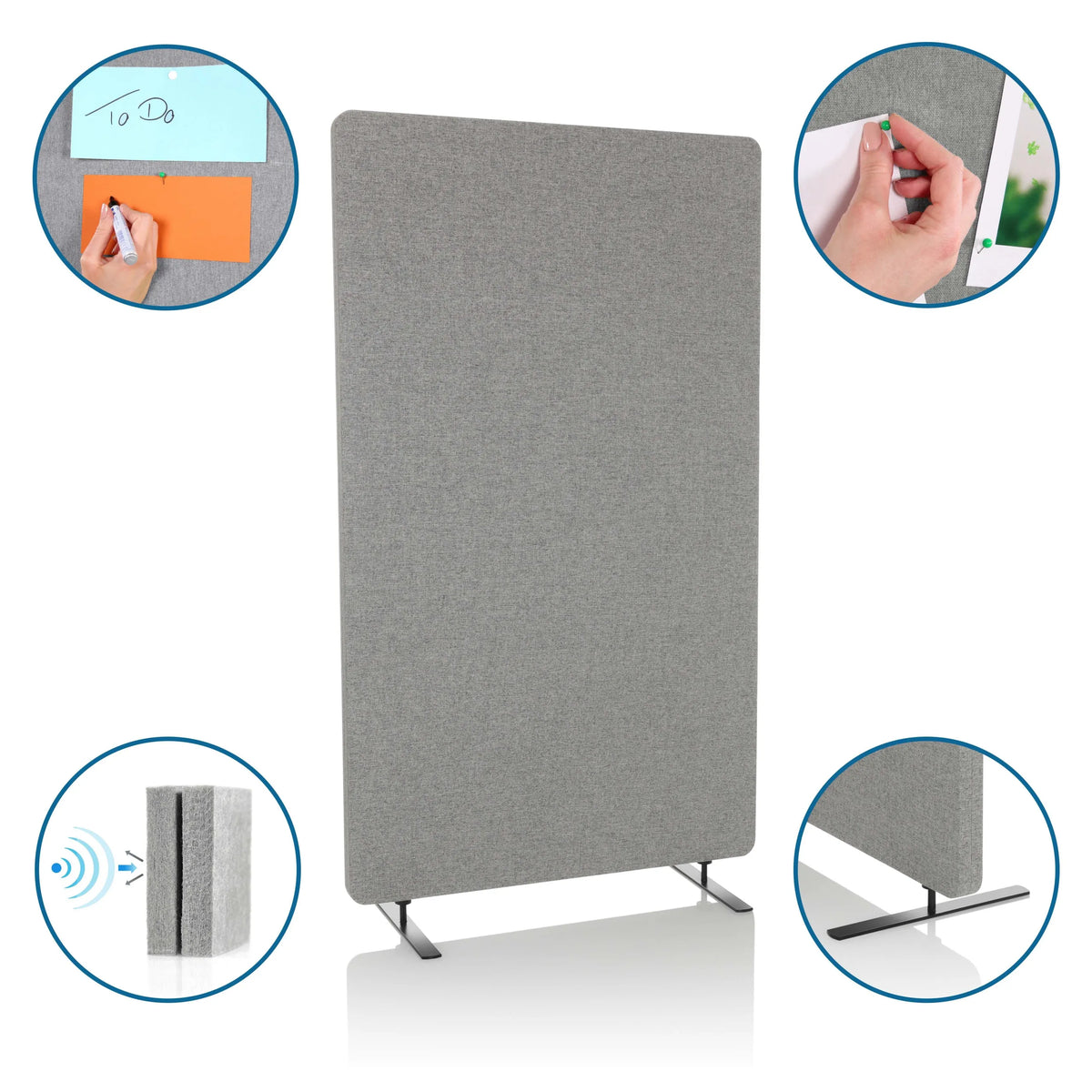 Separador FLEXMIUT STAND gris claro con pies de apoyo y superficie pinchable para absorción acústica de hjh OFFICE