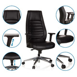 Sillón de oficina profesional VITORO en negro con vistas detalladas de los reposabrazos, altura del asiento y ruedas de hjh OFFICE