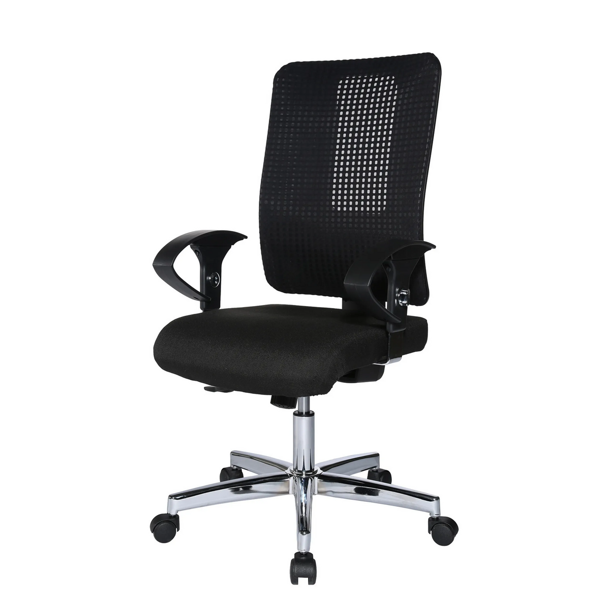 Silla de oficina profesional HJH SITNESS WORK negra con respaldo de malla, reposabrazos y base de cinco ruedas de Topstar – vista de 360° (vista frontal en diagonal 300°)