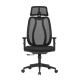 Silla de oficina profesional Filaro en color negro con respaldo de malla, reposacabezas y base de cinco ruedas de hjh OFFICE – vista de 360° (vista frontal 0°)