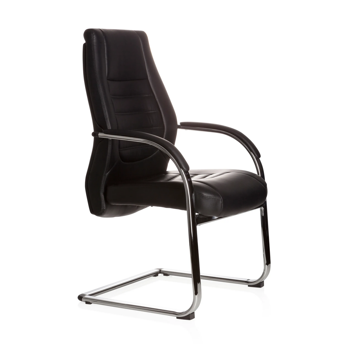 Silla de viga voladiza VITORO V negra con reposabrazos y respaldo acolchado de hjh OFFICE – vista de 360° (vista frontal en diagonal 60°)