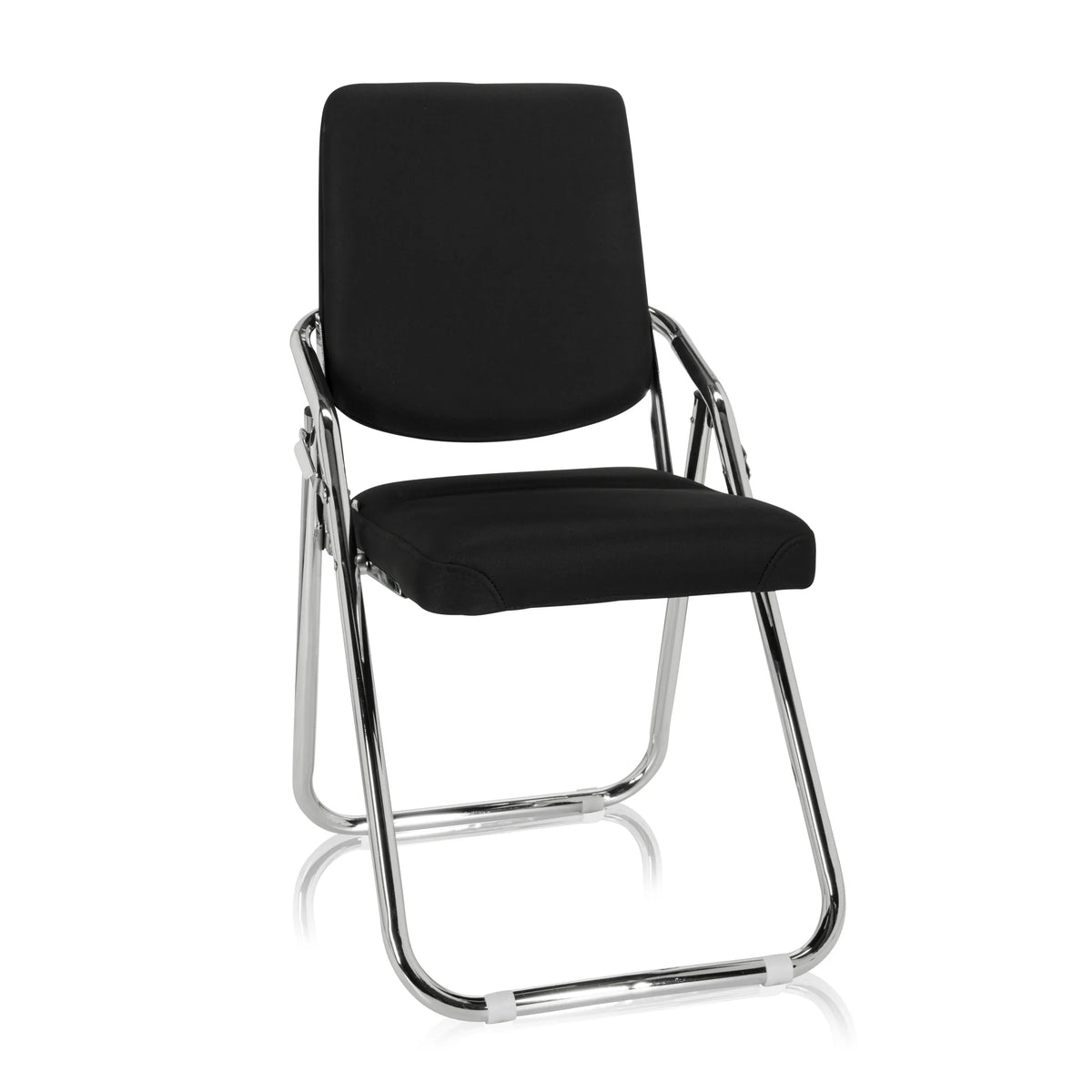 Silla plegable ESTO negra con funda de tela y estructura cromada de hjh OFFICE – vista de 360° (vista frontal 20°)
