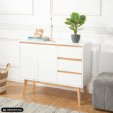 Aparador TAROLO I blanco con tres cajones y dos puertas sobre patas de madera de hjh LIVING (imagen generada por IA)