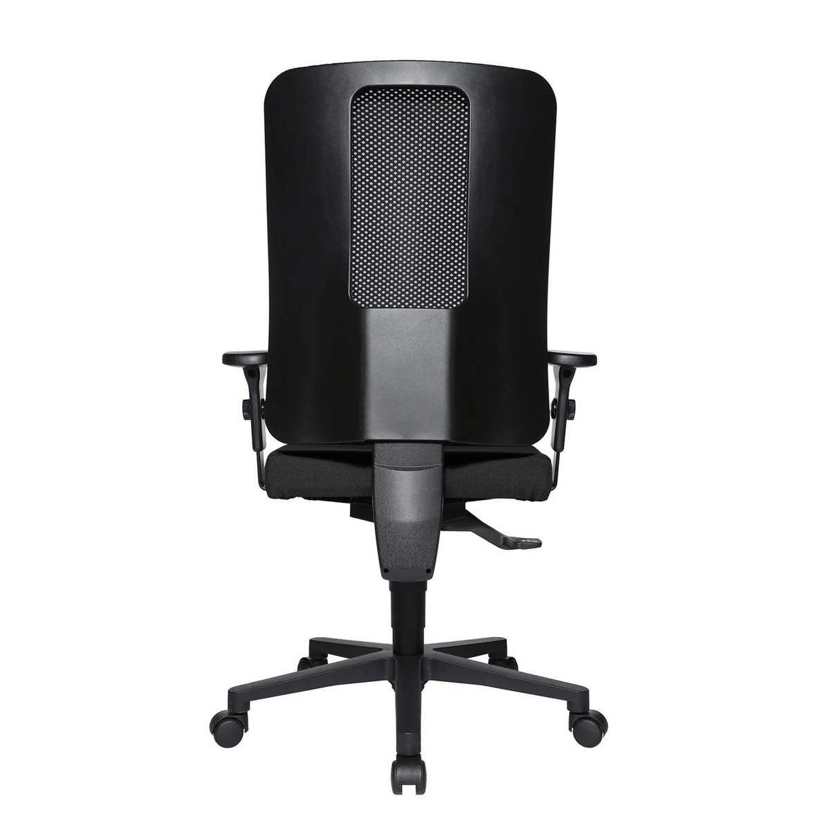 Silla de oficina profesional HJH WORK PRO negra con respaldo de malla y base de cinco ruedas de Topstar – vista de 360° (vista trasera en diagonal 240°)