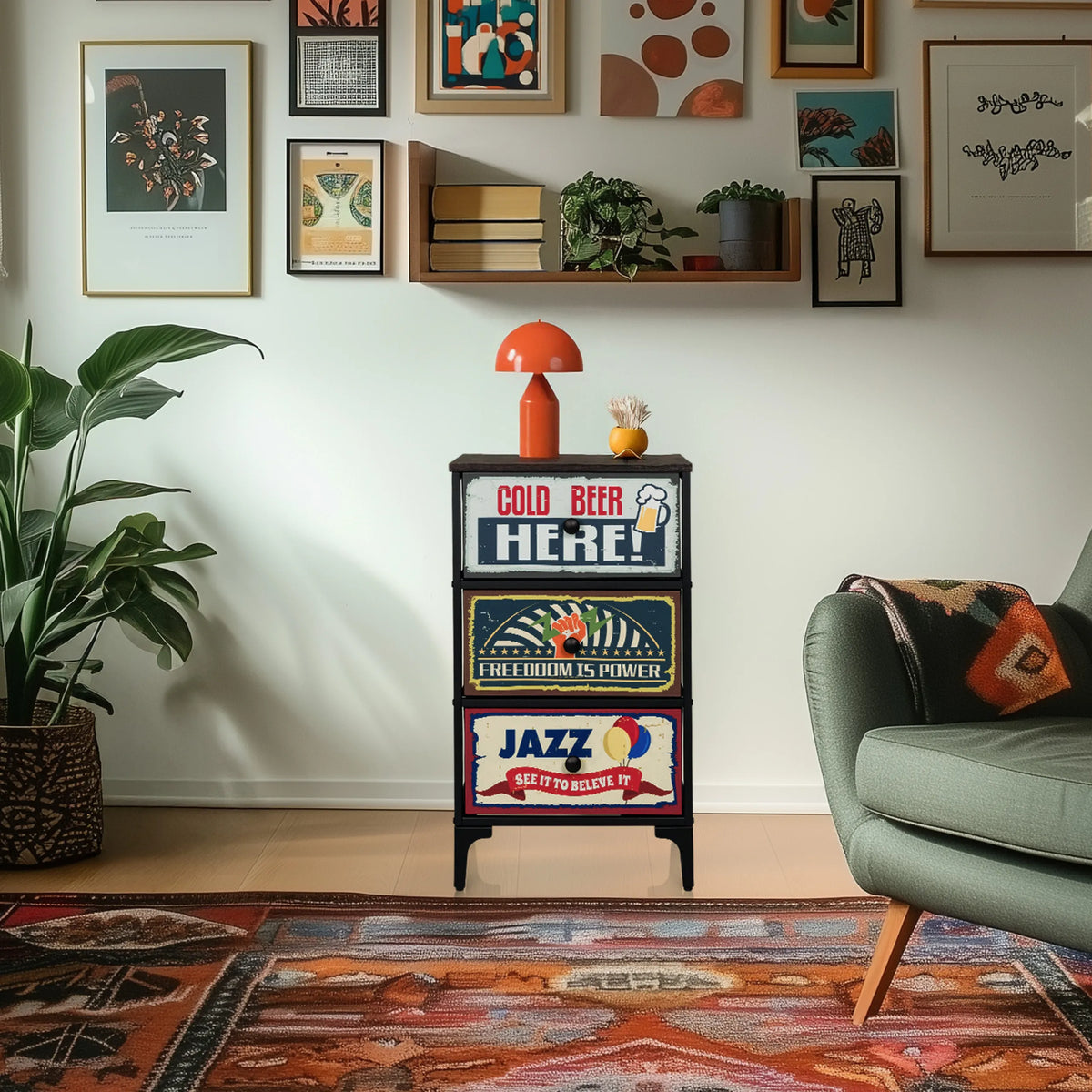Kommode AMERIKO S mit drei bunten Motivschubladen und schwarzem Gestell von hjh LIVING