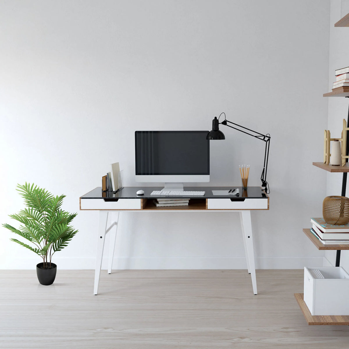 Planta artificial ARECA en color verde con maceta negra de hjh OFFICE