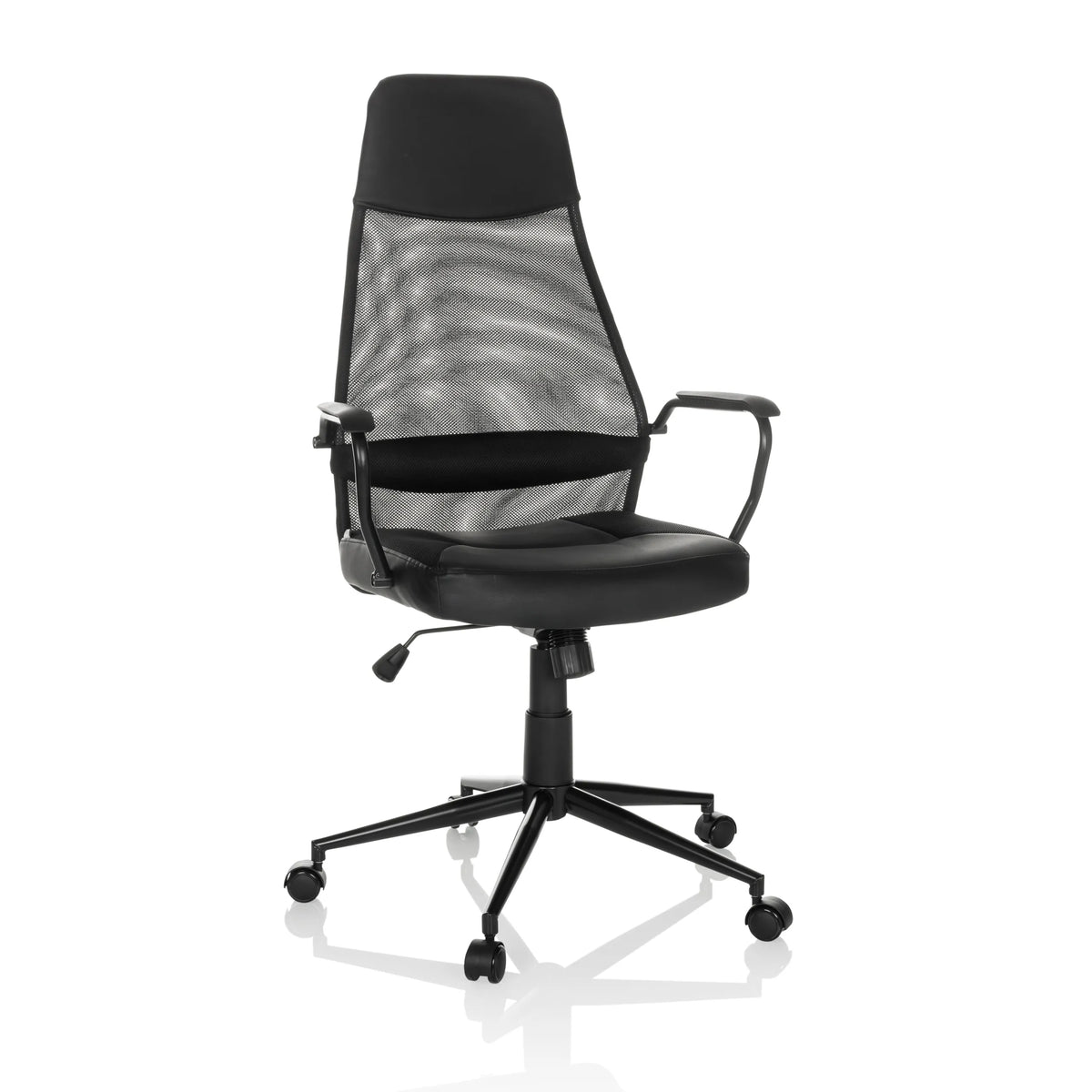 Sillón de oficina Home Office MARCOZ negro con respaldo de malla y base de cinco ruedas de MyBuero – vista de 360° (vista frontal 15°)