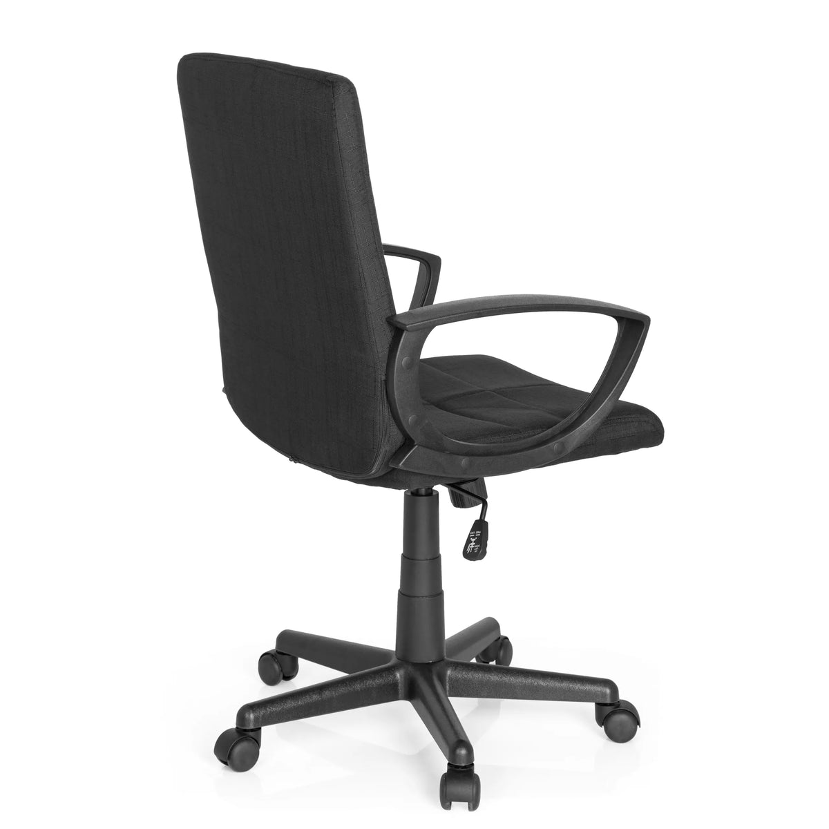 Silla Home Office STAR-TEC CL300 negra con reposabrazos y base de cinco ruedas de MyBuero – vista de 360° (vista trasera en diagonal 120°)