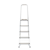 Escalera plegable SOLID III de aluminio plateada con cinco peldaños y asa de hjh OFFICE – vista de 360° (vista frontal 0°)
