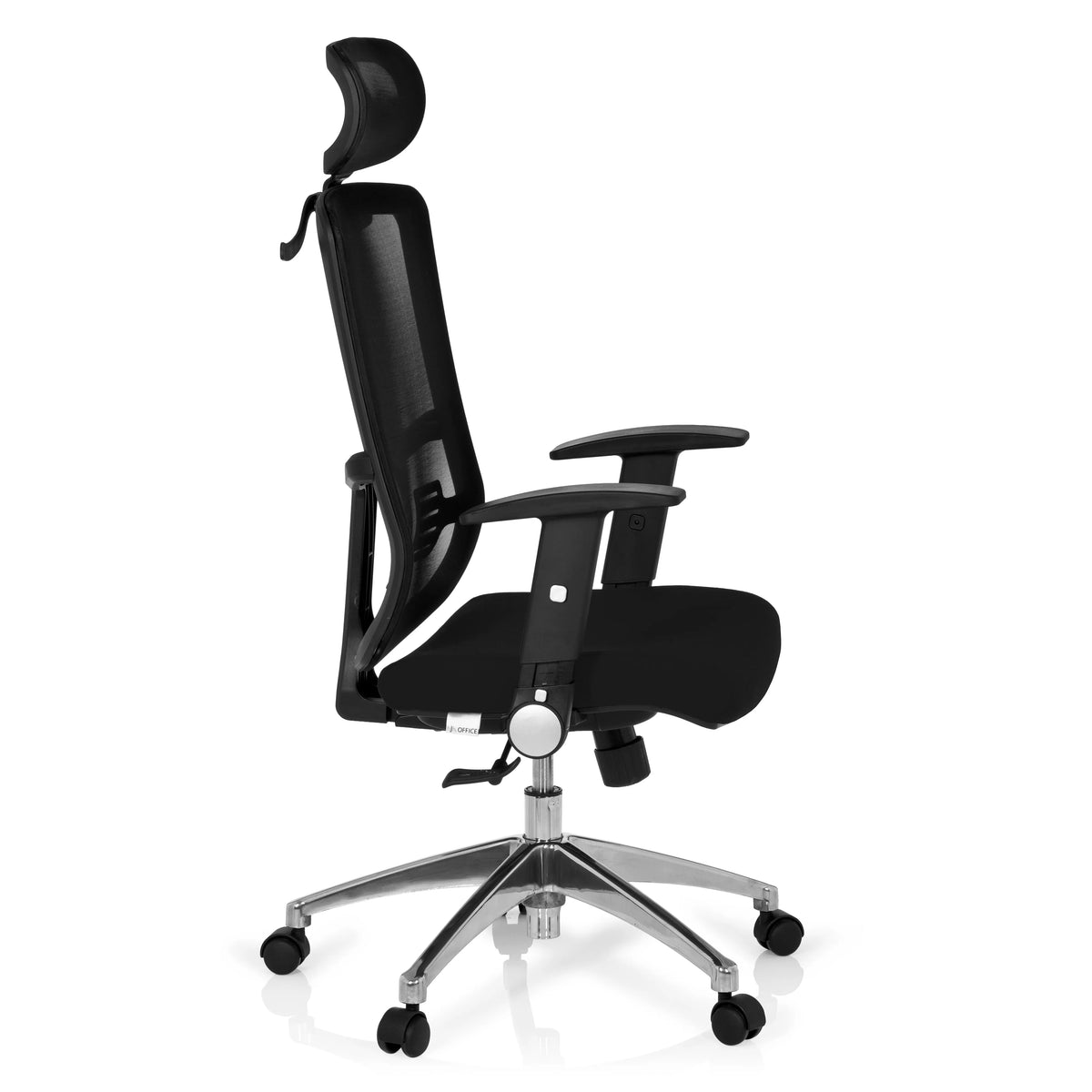 Silla de oficina profesional CAYEN negra con respaldo de malla, reposacabezas y base de cinco ruedas de hjh OFFICE – vista de 360° (vista lateral 80°)