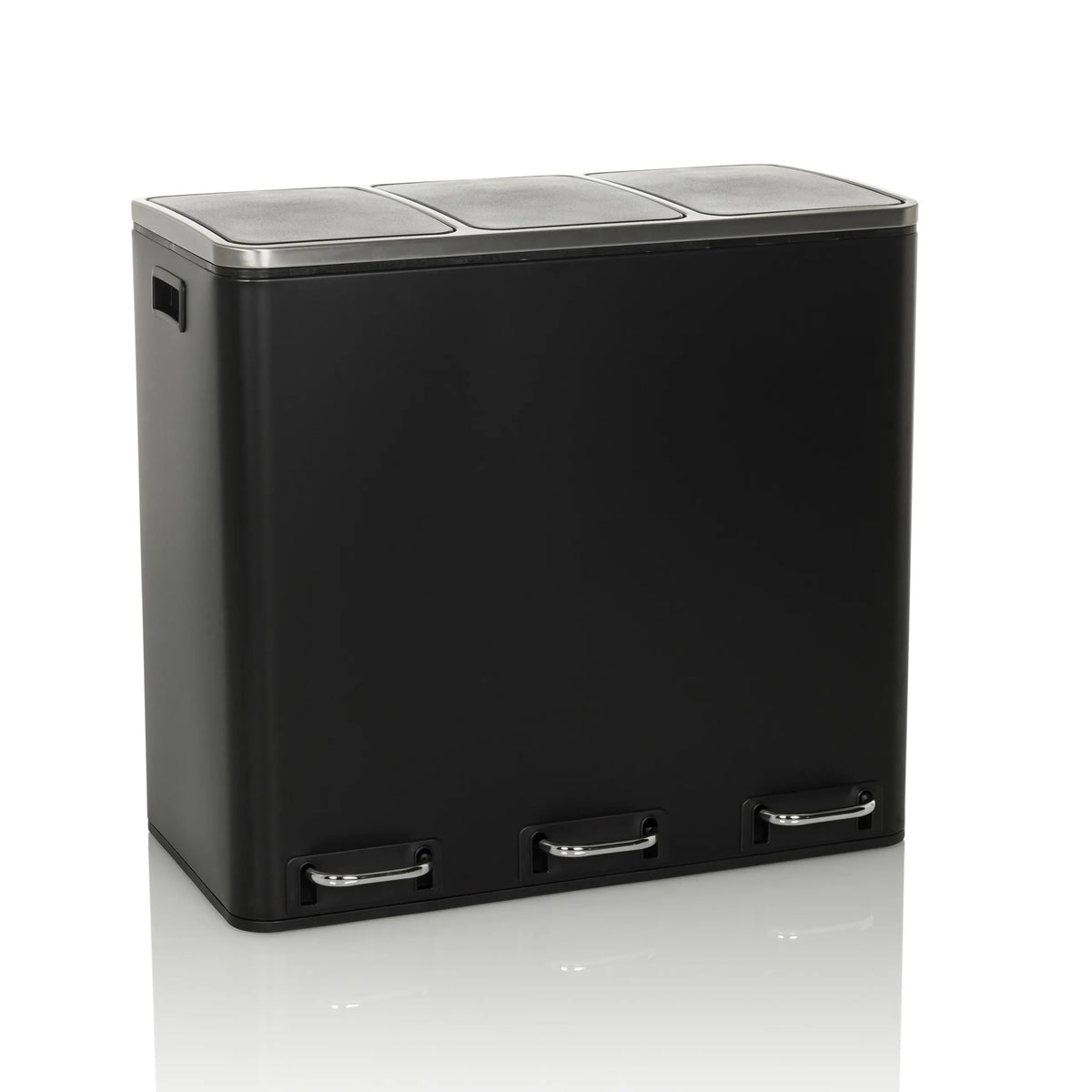 Papelera negra Clean 9 con tres compartimentos, tapas plateadas y pedales de hjh OFFICE – vista de 360° (vista frontal 15°)