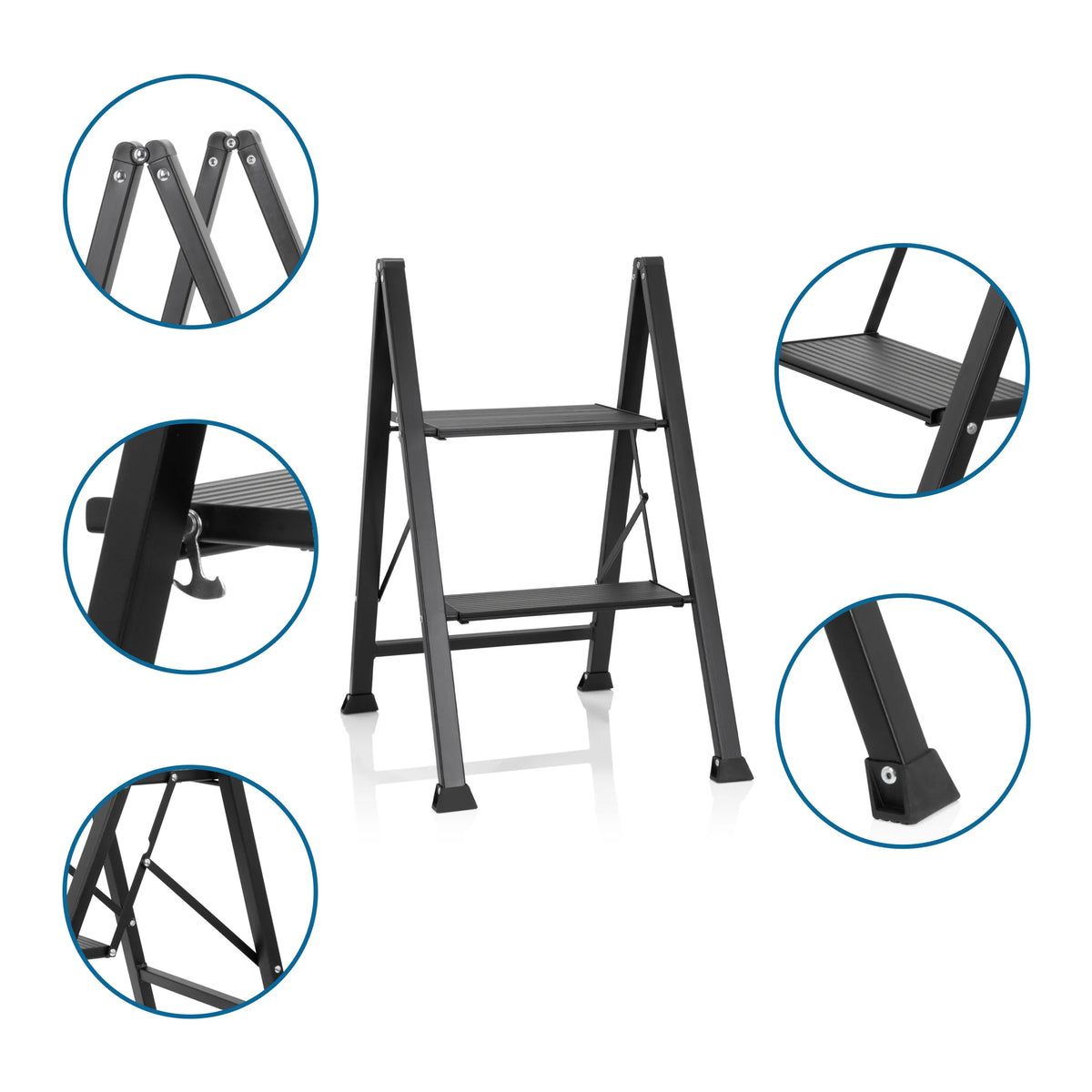 Escalera plegable SOLID W5 negra con dos peldaños, pies antideslizantes y mecanismo de seguridad de hjh OFFICE