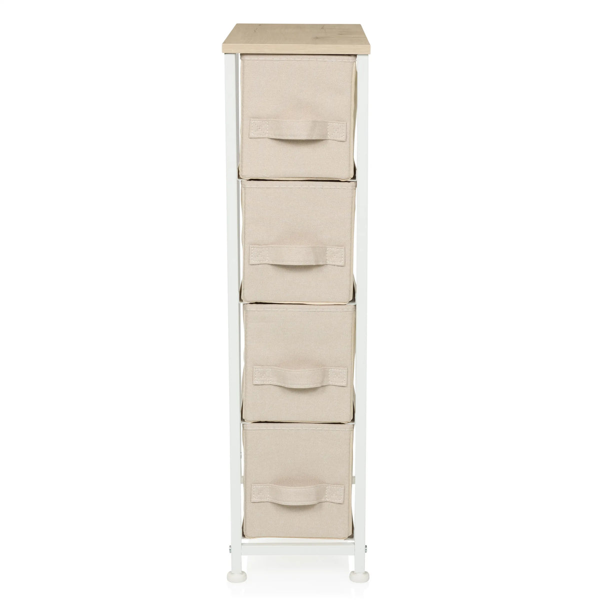Cómoda beige FOLDRESS S con cuatro cajones de tela y una superficie de madera clara de hjh LIVING – vista de 360° (vista frontal 0°)