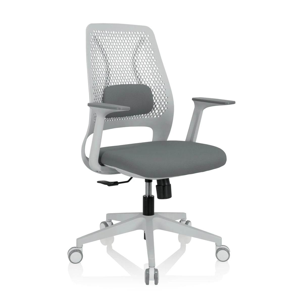 Silla Home Office PARFERIO W gris con respaldo de malla y base de cinco ruedas de hjh OFFICE – vista de 360° (vista frontal en diagonal 40°)