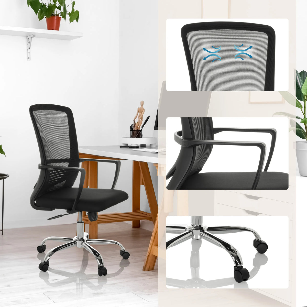 Silla Home Office STAR-TEC S en negro con respaldo de malla, reposabrazos y base de estrella de hjh OFFICE