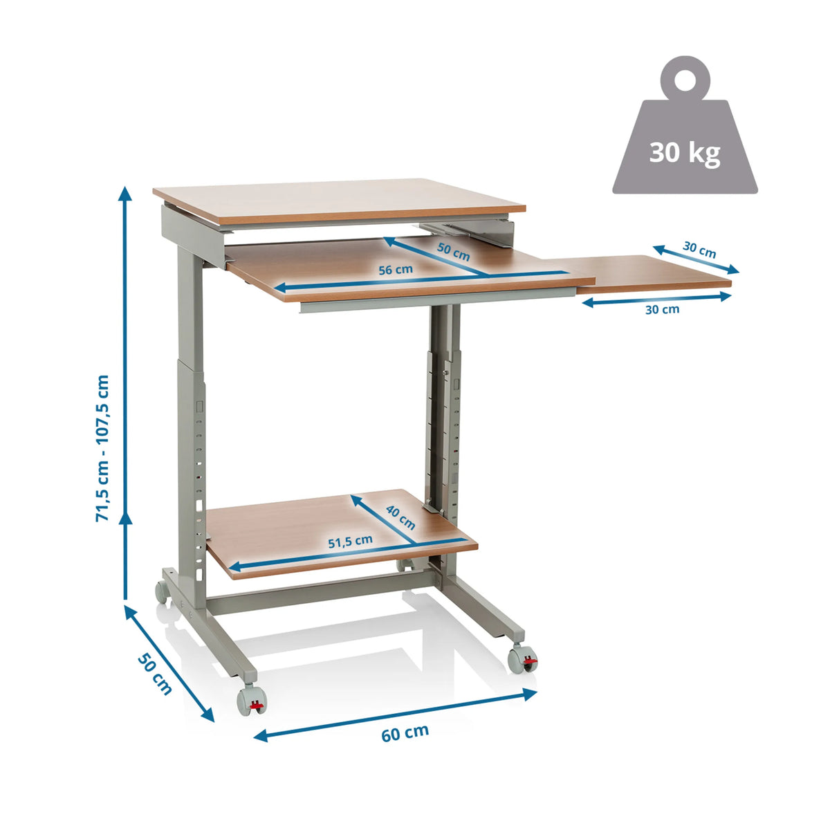 Dibujo dimensional del escritorio de pie WORKSTATION con una anchura de 60 cm y una capacidad de carga de 30 kg de hjh OFFICE