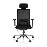 Sillón de oficina profesional CAPTIVA negro con respaldo de malla, reposacabezas y base de cinco ruedas de hjh OFFICE – vista de 360° (vista frontal 0°)