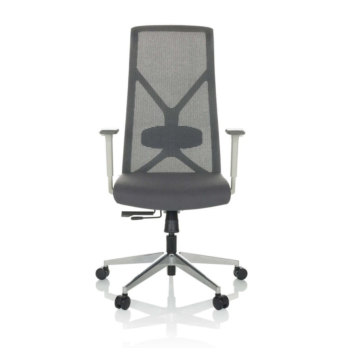 Silla de oficina profesional AZURRO WHITE gris con respaldo de malla y base de cinco ruedas de hjh OFFICE – vista de 360° (vista frontal 0°)