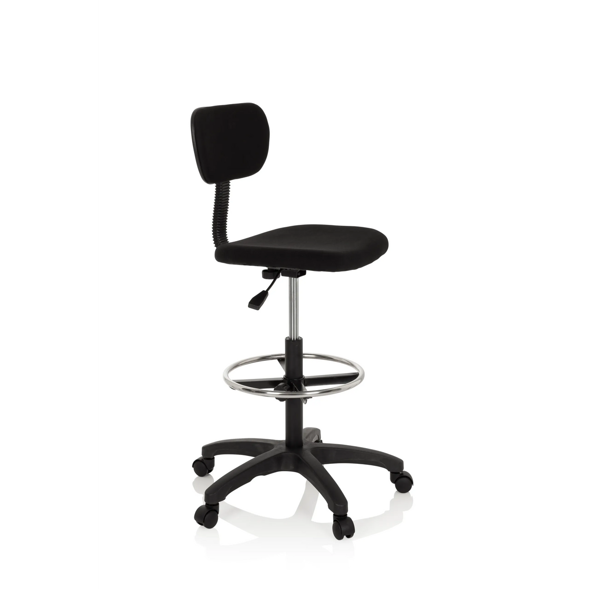 Silla de mostrador TOP WORK 05 negra con reposapiés y base de cinco ruedas de hjh OFFICE – vista de 360° (vista frontal en diagonal 60°)
