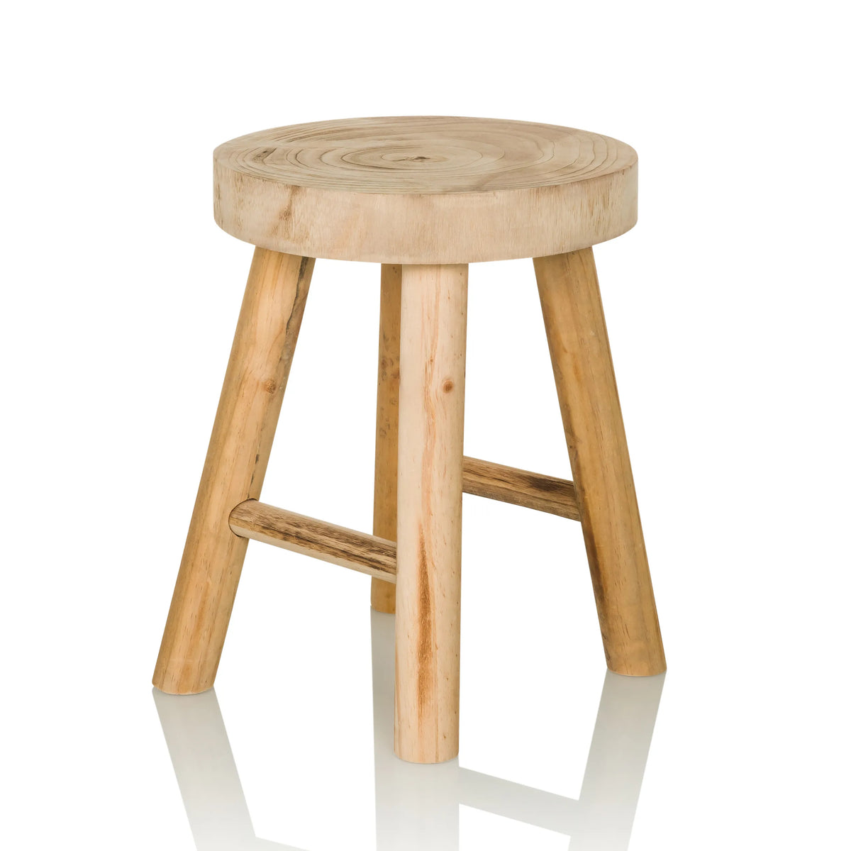 Brauner Sitzhocker RUSTIKO W aus Holz mit runder Sitzfläche und Querstreben von hjh LIVING – 360-Grad-Ansicht (schräge Frontansicht 45°)