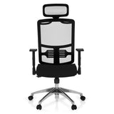 Silla de oficina profesional CAYEN negra con respaldo de malla, reposacabezas y base de cinco ruedas de hjh OFFICE – vista de 360° (vista frontal 0°)