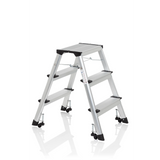 Escalera plegable SOLID IV plateada de aluminio con tres peldaños de hjh OFFICE – vista de 360° (vista frontal en diagonal 60°)