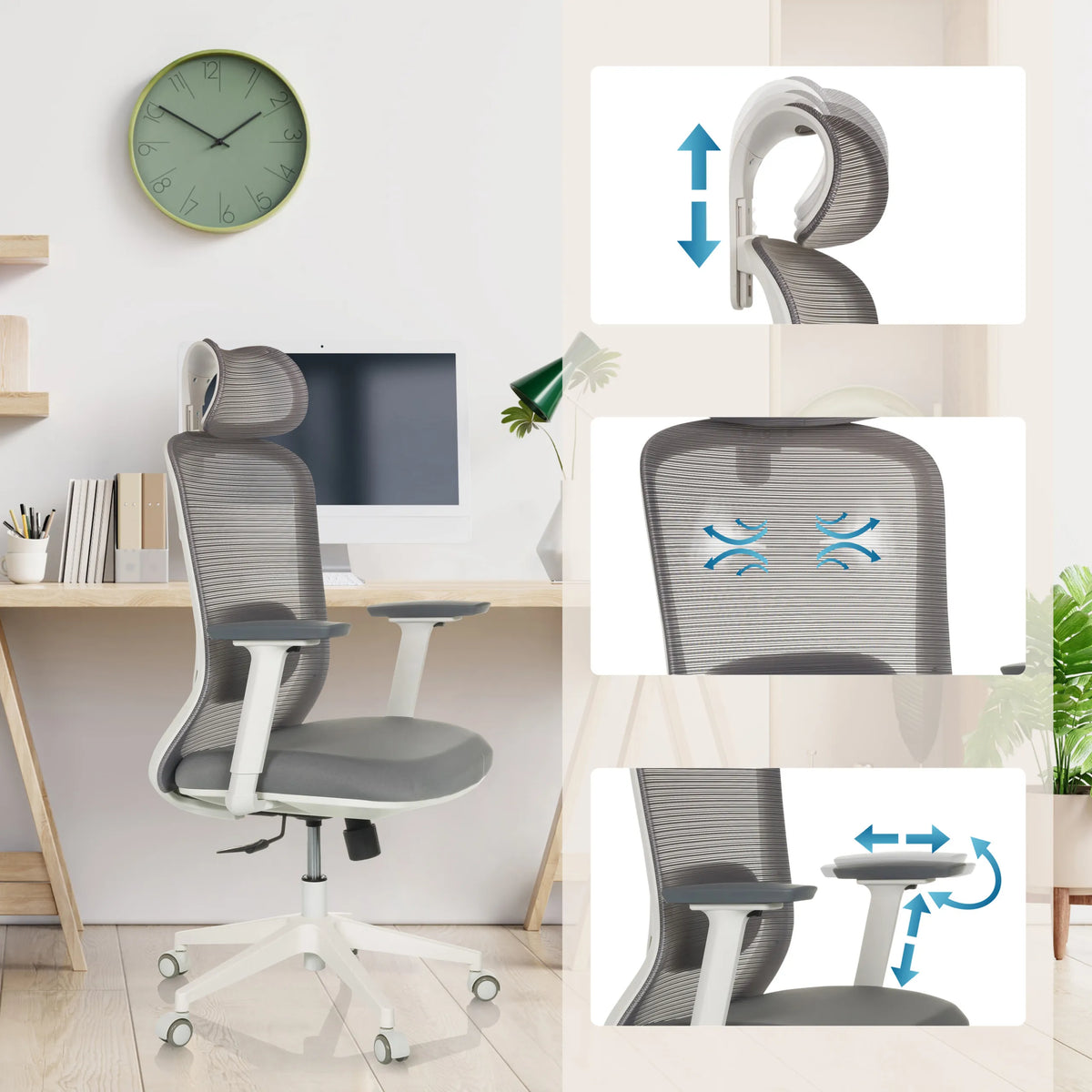 Silla de oficina profesional MIKEO G en gris con reposacabezas ajustable, reposabrazos y respaldo de malla de hjh OFFICE