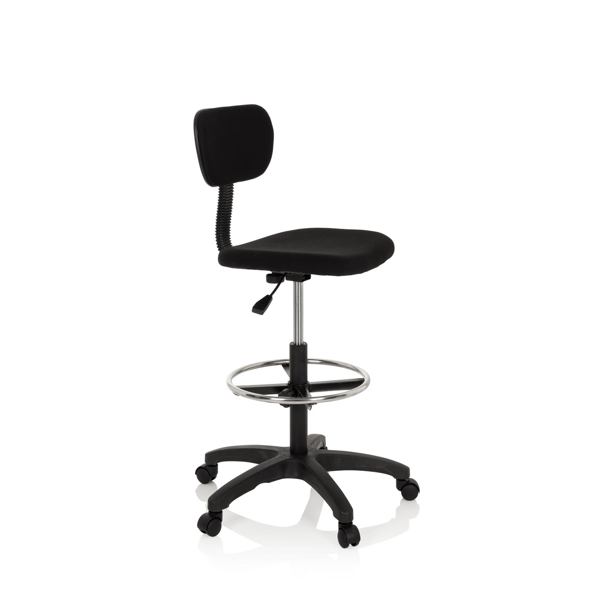 Schwarzer Counterstuhl TOP WORK 05 mit Fußring und Fußkreuz mit fünf Rollen von hjh OFFICE – 360-Grad-Ansicht (schräge Frontansicht 60°)