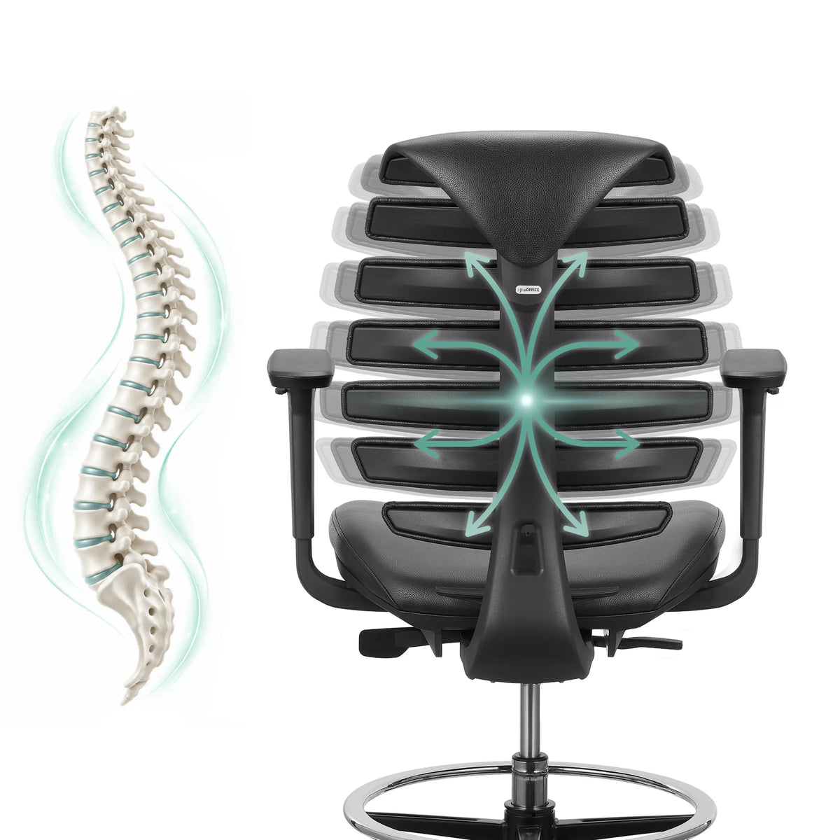 Respaldo de la silla de mostrador ERGO LINE II WORK en negro con una representación esquemática de la columna vertebral de hjh OFFICE