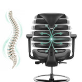 Respaldo de la silla de mostrador ERGO LINE II WORK en negro con una representación esquemática de la columna vertebral de hjh OFFICE
