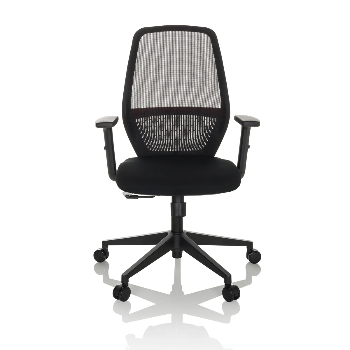 Silla de oficina profesional CARLOW I negra con respaldo de malla y base de cinco ruedas de hjh OFFICE – vista de 360° (vista frontal 0°)