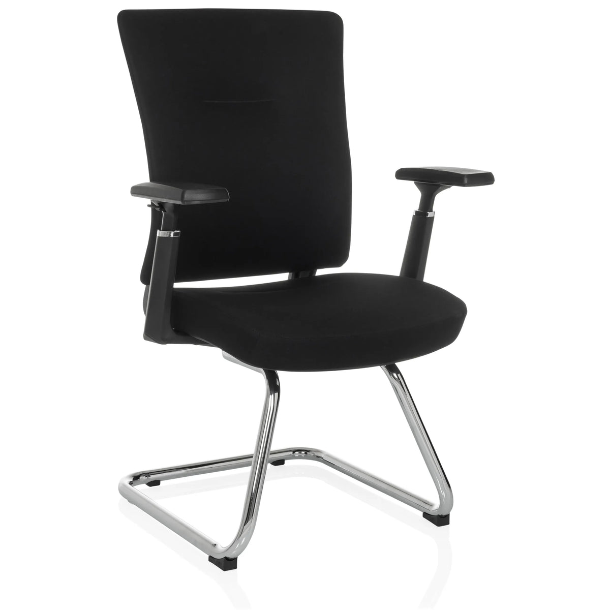 Silla viga voladiza CAPTIVO PRO V negra con reposabrazos y tapizado en tela de hjh OFFICE – vista de 360° (vista frontal en diagonal 30°)