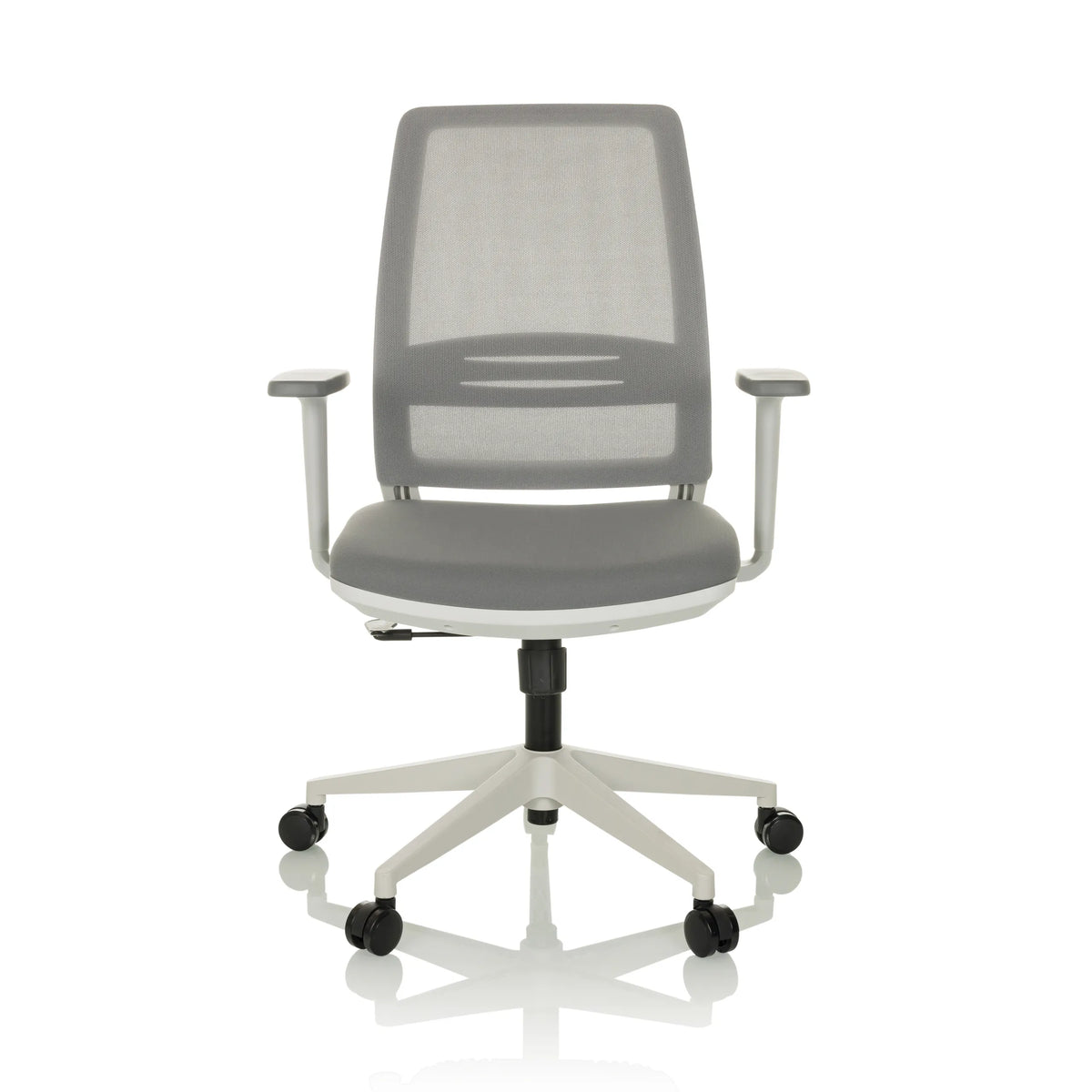 Silla Home Office PROFONDO ECO W gris con respaldo de malla y base de cinco ruedas de hjh OFFICE – vista de 360° (vista frontal 0°)