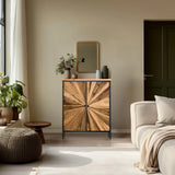 Cómoda SANTJAGO BLACK SUN XL en tonos de madera oscura con un patrón radial en los frontales de hjh LIVING