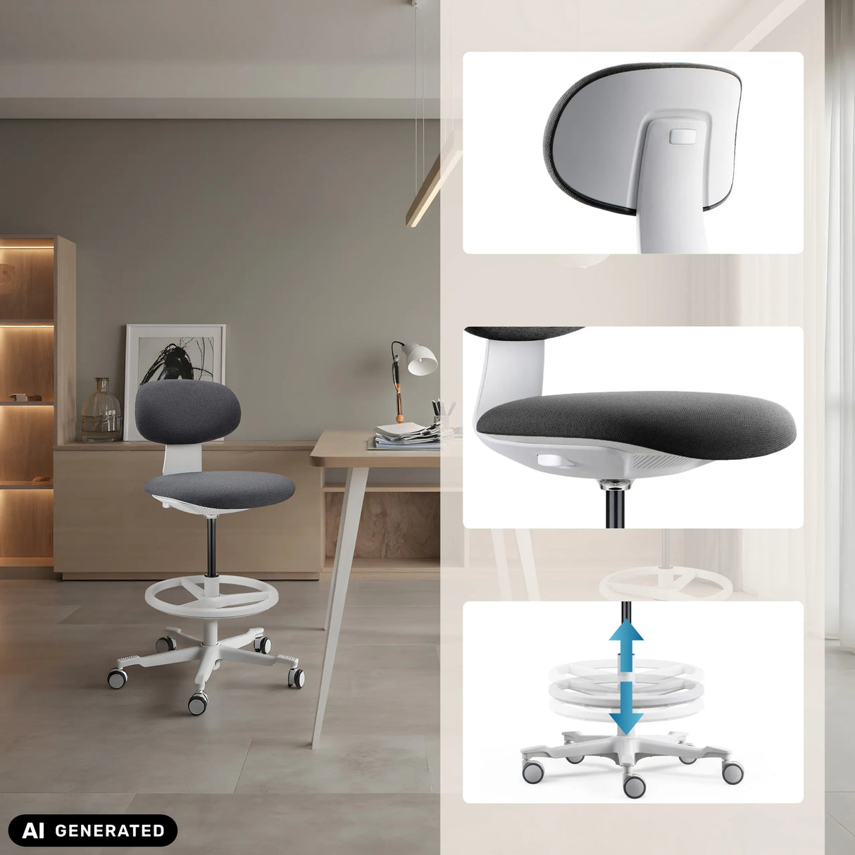 Ajuste de altura y anillo para los pies de la silla de trabajo WORK MF2 W en gris oscuro de hjh OFFICE (imagen generada por IA)