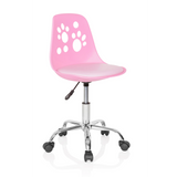 Silla giratoria para niños FANCY I rosa con motivos de huellas en el respaldo y base de cinco ruedas de hjh OFFICE – vista de 360° (vista frontal en diagonal 40°)