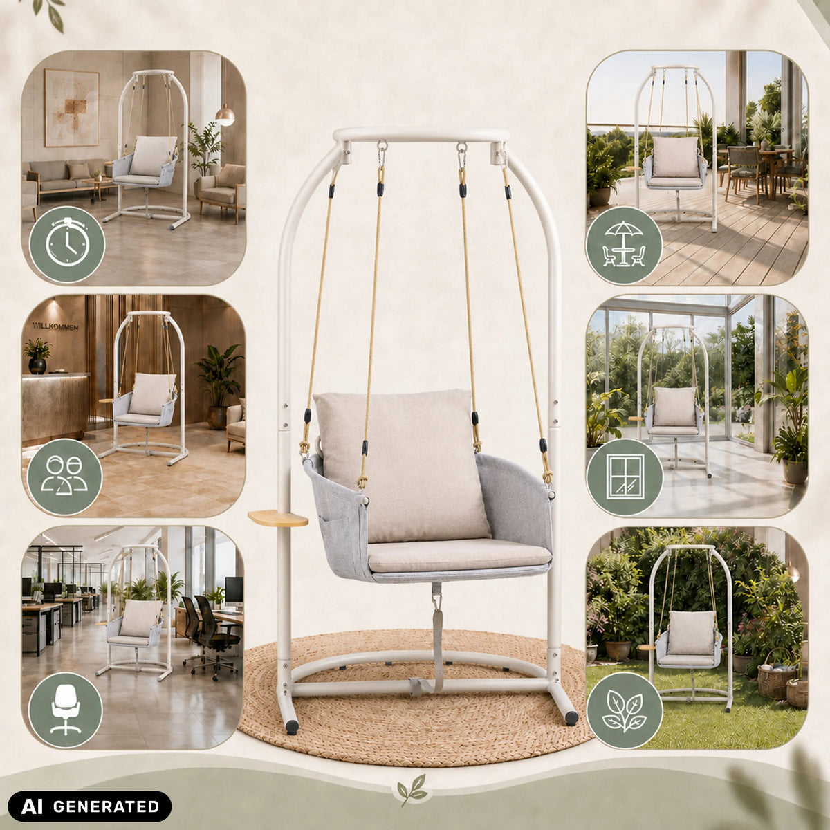 Silla colgante Skylo beige con estructura blanca y cojín en diferentes ambientes de hjh LIVING (imagen generada por IA)